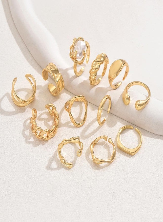 PINCHUAN Chunky Gold Rings for Women Vintage Chunky Gold Ring Adjustable Stackable Thick Band Knuckle & Midi Rings Mixed Size Gold Ring Set Jewelry-12PCS - Image 4